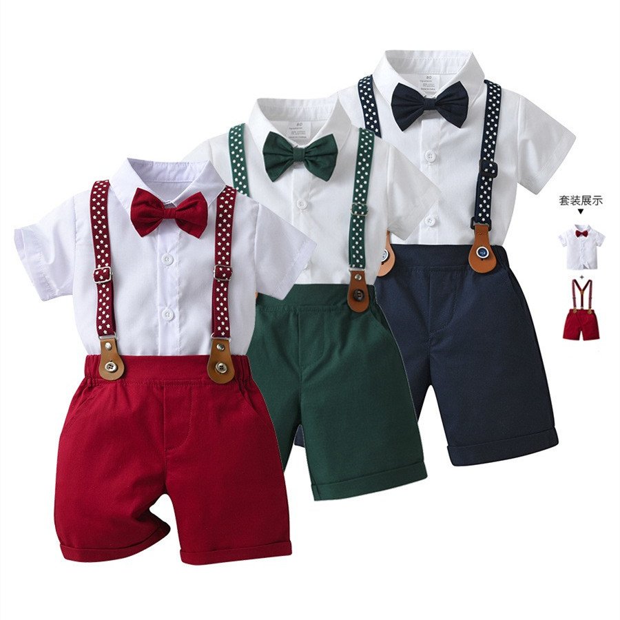 2024 Children's New British Summer Boys' Clothing White Shirt Red Strap Short Set Gentleman Boys' Suit For Wedding