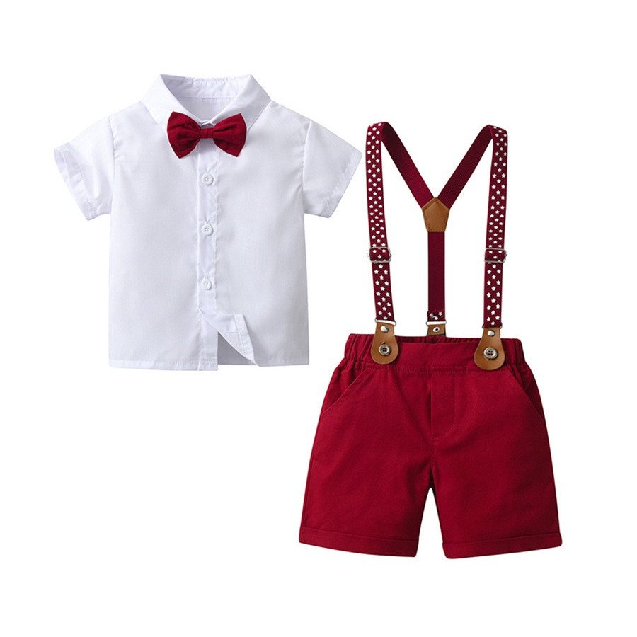 2024 Children's New British Summer Boys' Clothing White Shirt Red Strap Short Set Gentleman Boys' Suit For Wedding