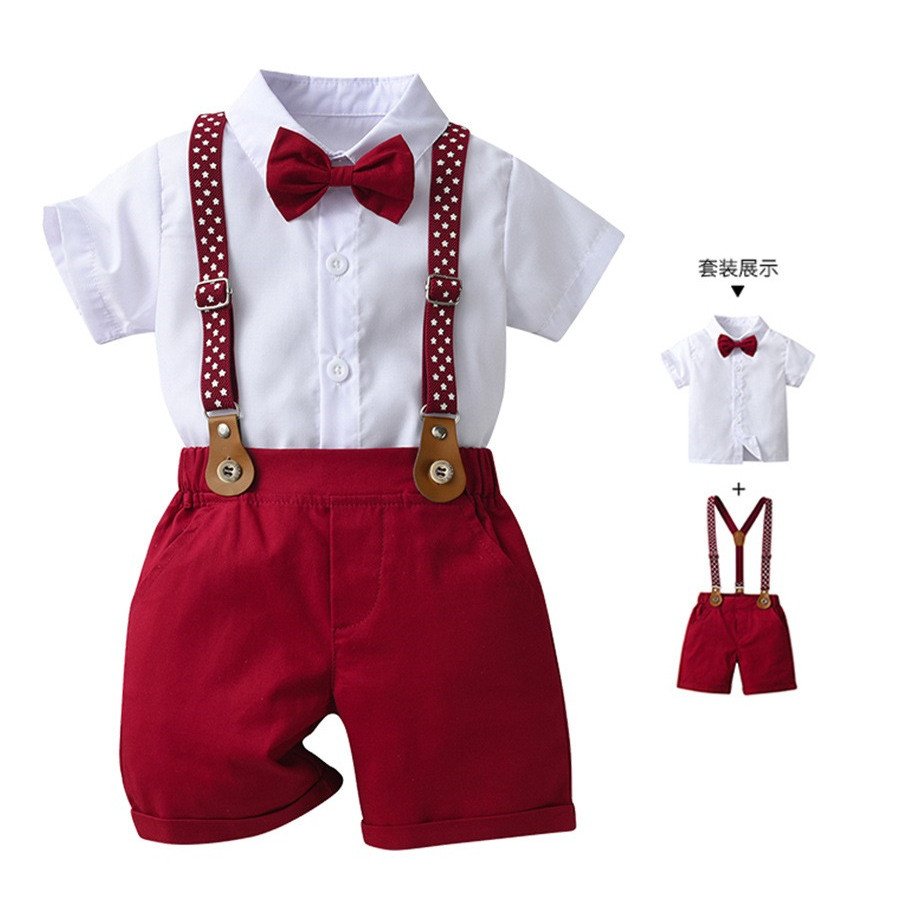 2024 Children's New British Summer Boys' Clothing White Shirt Red Strap Short Set Gentleman Boys' Suit For Wedding