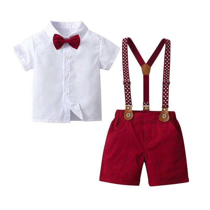 2024 Children's New British Summer Boys' Clothing White Shirt Red Strap Short Set Gentleman Boys' Suit For Wedding