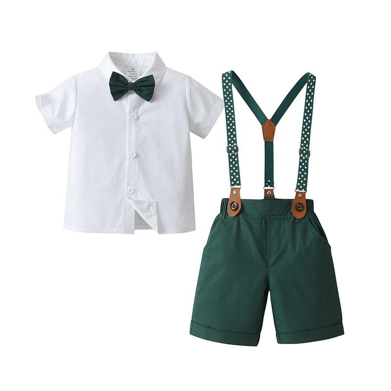 2024 Children's New British Summer Boys' Clothing White Shirt Red Strap Short Set Gentleman Boys' Suit For Wedding