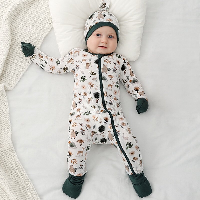 Custom Print Baby Bamboo Sleeper Soft Zipper Fold Over Environmentally Friendly Baby Onesi Bamboo Viscose Baby Pajamas Clothes