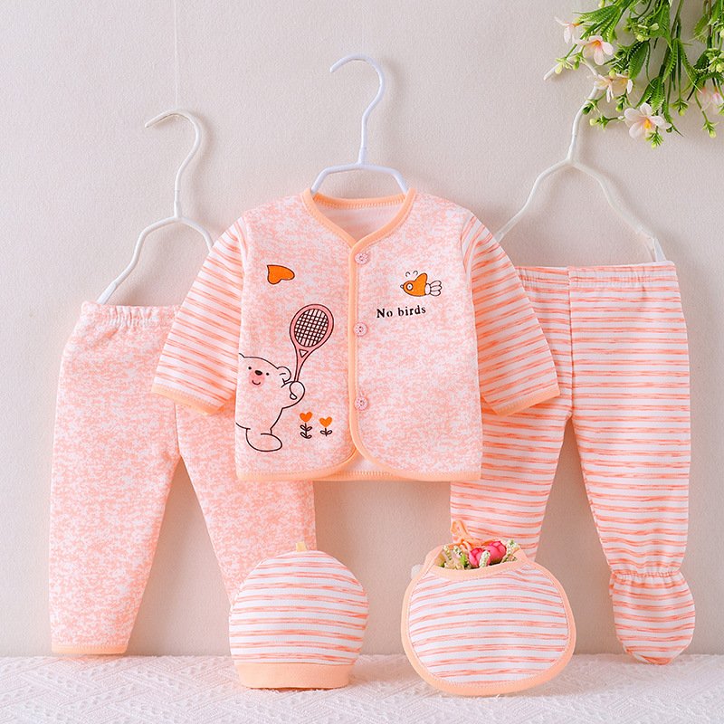 5PCS Newborn 0 -12 M Boys Girls Baby Cotton Clothes Tops Hat Pants Suit Outfit Sets One Size Baby Clothing Sets