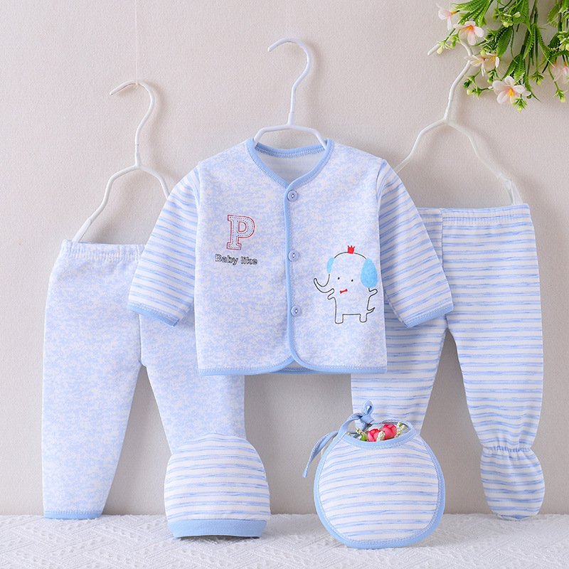 5PCS Newborn 0 -12 M Boys Girls Baby Cotton Clothes Tops Hat Pants Suit Outfit Sets One Size Baby Clothing Sets