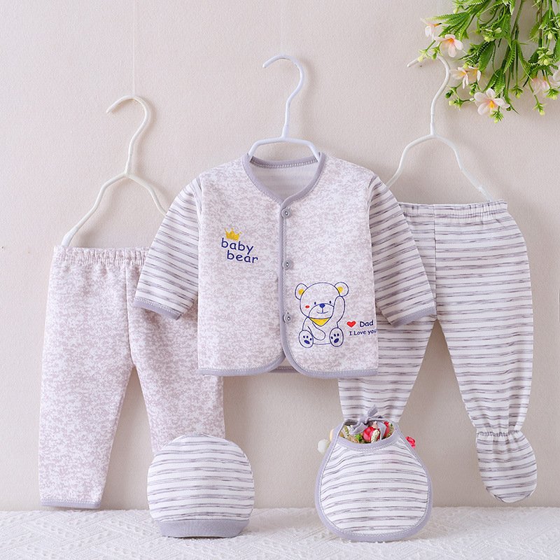 5PCS Newborn 0 -12 M Boys Girls Baby Cotton Clothes Tops Hat Pants Suit Outfit Sets One Size Baby Clothing Sets