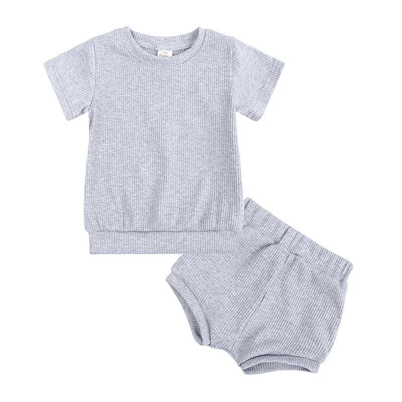 Summer Hot Wholesale Baby Clothing Sets Cotton Plain Springy Soft Short Sleeve Baby Girls Boys Two Piece Ins Set