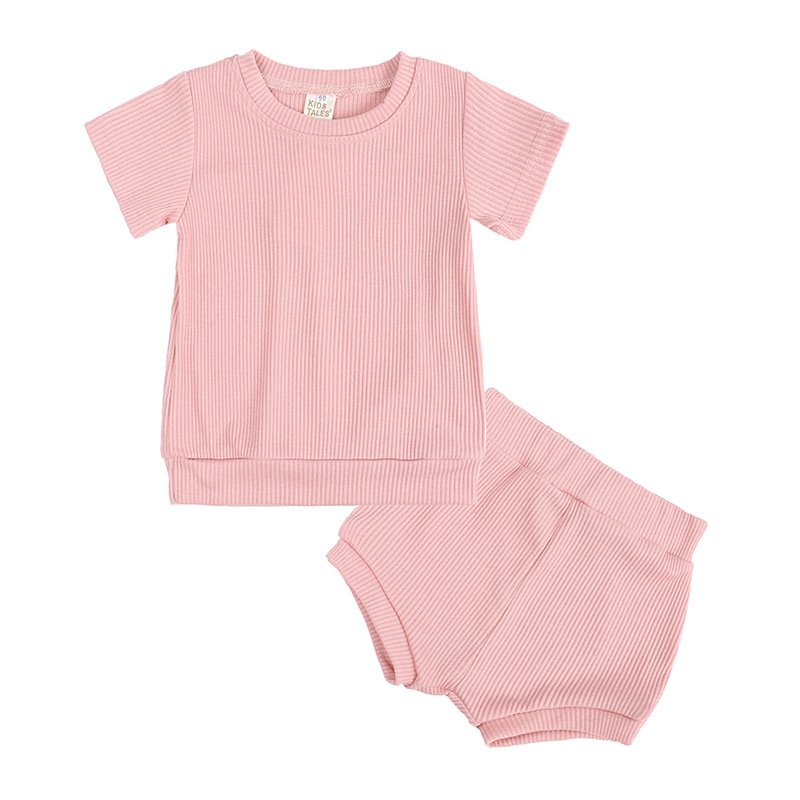 Summer Hot Wholesale Baby Clothing Sets Cotton Plain Springy Soft Short Sleeve Baby Girls Boys Two Piece Ins Set