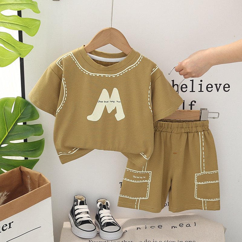 Summer New Hot Selling Men's Middle and Small Children's Classic Letter Printing Casual Fashion Cotton Children's Clothing Set