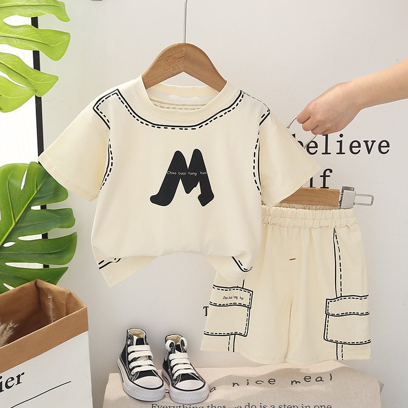 Summer New Hot Selling Men's Middle and Small Children's Classic Letter Printing Casual Fashion Cotton Children's Clothing Set