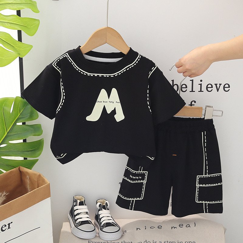 Summer New Hot Selling Men's Middle and Small Children's Classic Letter Printing Casual Fashion Cotton Children's Clothing Set