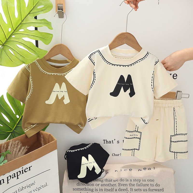 Summer New Hot Selling Men's Middle and Small Children's Classic Letter Printing Casual Fashion Cotton Children's Clothing Set