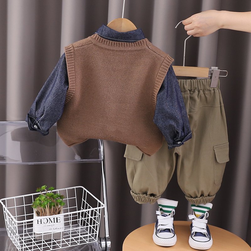 Korean Preppy Style High Quality 3pcs Boys Clothing Set Casual Cartoon Pattern Includes Warm Sweater-Vest Pants Cowboy Shirt