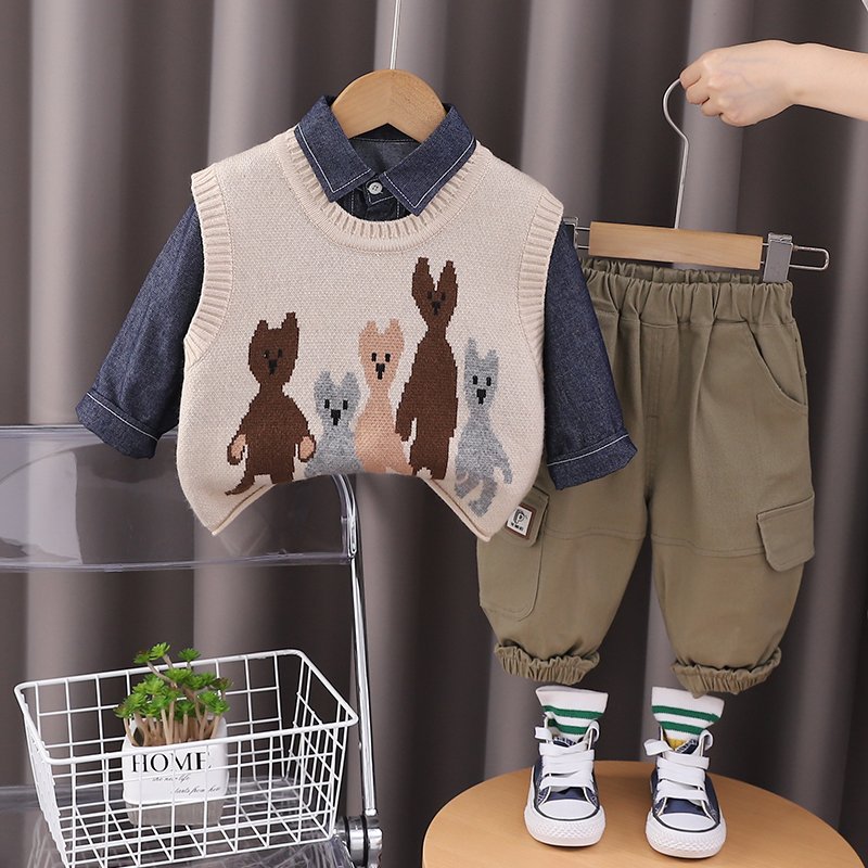 Korean Preppy Style High Quality 3pcs Boys Clothing Set Casual Cartoon Pattern Includes Warm Sweater-Vest Pants Cowboy Shirt