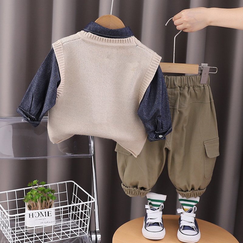 Korean Preppy Style High Quality 3pcs Boys Clothing Set Casual Cartoon Pattern Includes Warm Sweater-Vest Pants Cowboy Shirt