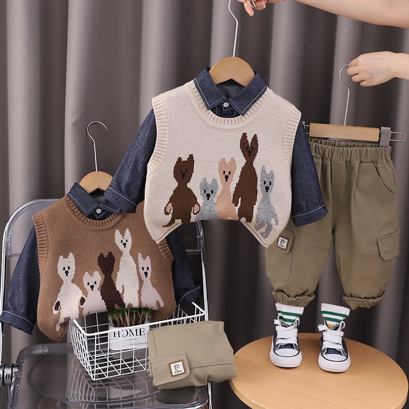 Korean Preppy Style High Quality 3pcs Boys Clothing Set Casual Cartoon Pattern Includes Warm Sweater-Vest Pants Cowboy Shirt