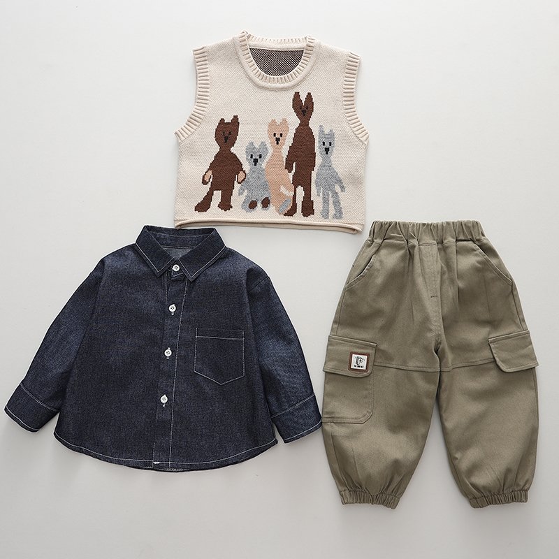 Korean Preppy Style High Quality 3pcs Boys Clothing Set Casual Cartoon Pattern Includes Warm Sweater-Vest Pants Cowboy Shirt