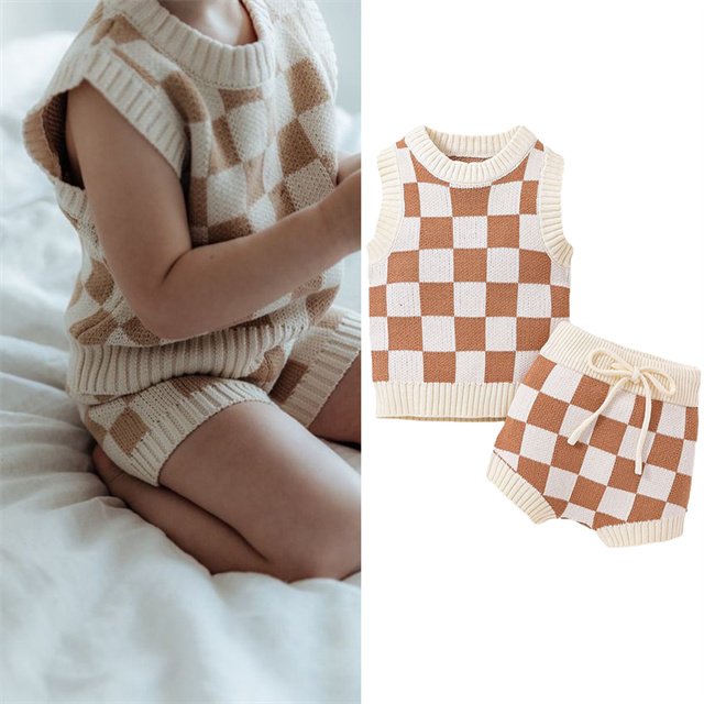 Newborn Infant Toddler Boys Girls Clothes 100% Cotton Checkerboard Sweater Vest Shorts Knit Baby Clothing Set
