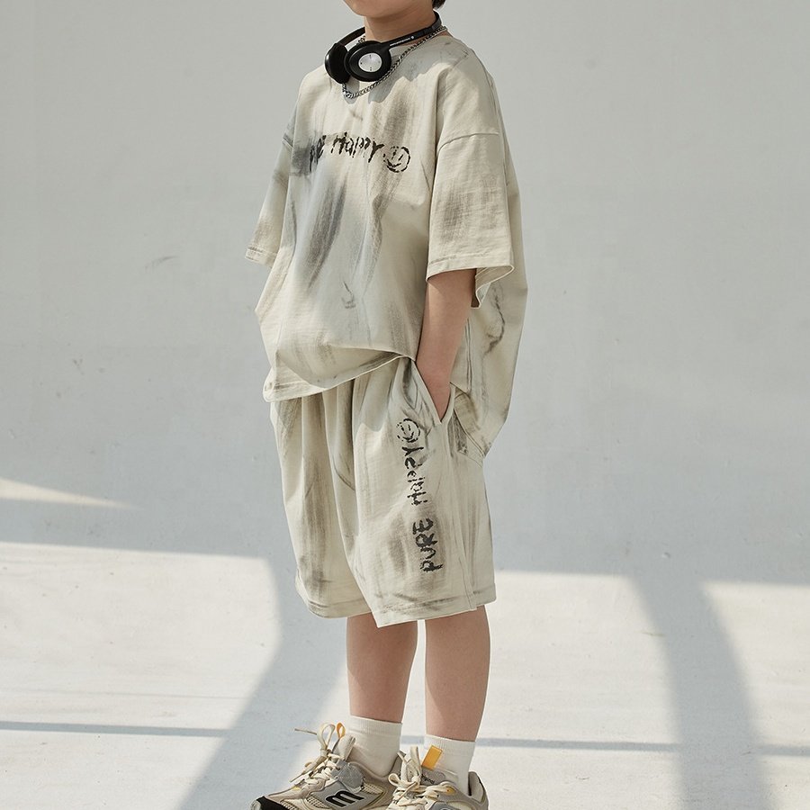 Wholesale Tie-Dyed Knitted T-Shirts and Shorts Kids Clothing 2024 Summer High Quality Two-Piece Set for Boys