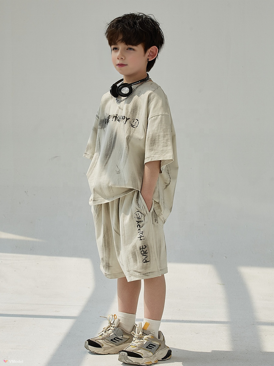 Wholesale Tie-Dyed Knitted T-Shirts and Shorts Kids Clothing 2024 Summer High Quality Two-Piece Set for Boys