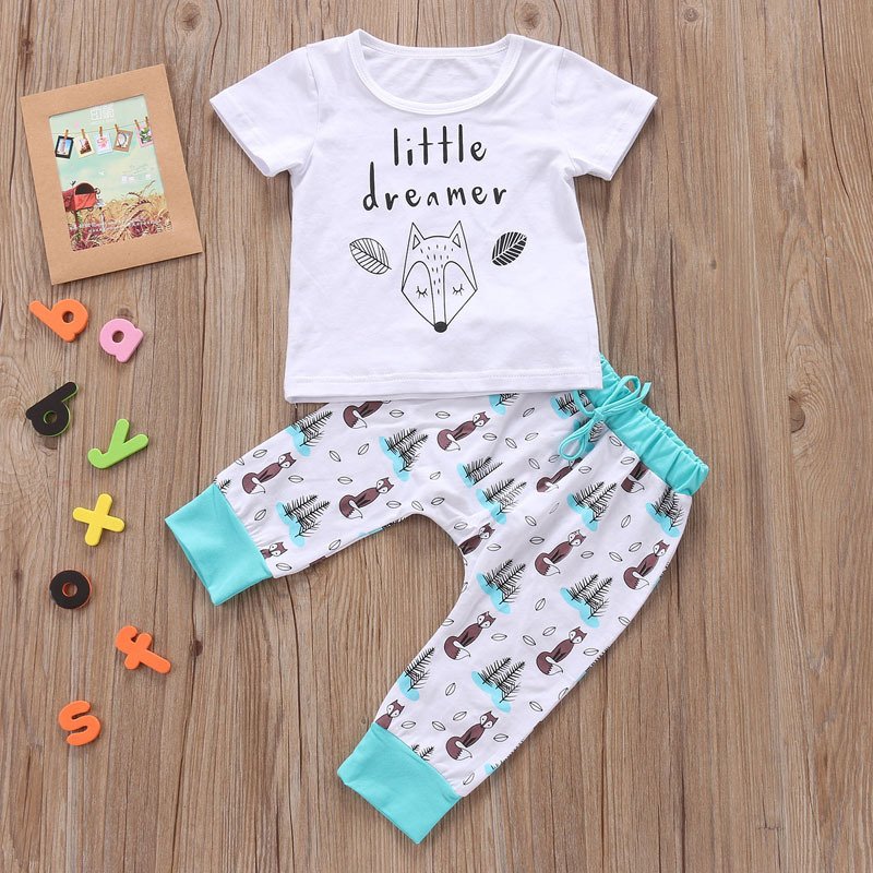 New Fashion Baby Clothing Sets Fox Print Short Sleeve 100% Cotton Baby Boy Girl Boutique Outfits
