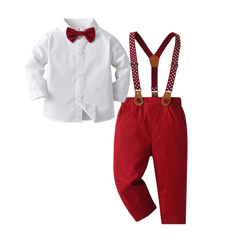 Adorable Little Boy Gentleman Outfit Formal Suit Children Suit Baby Boy Clothes Long Sleeve Bowtie Shirts Suspenders Pants Set