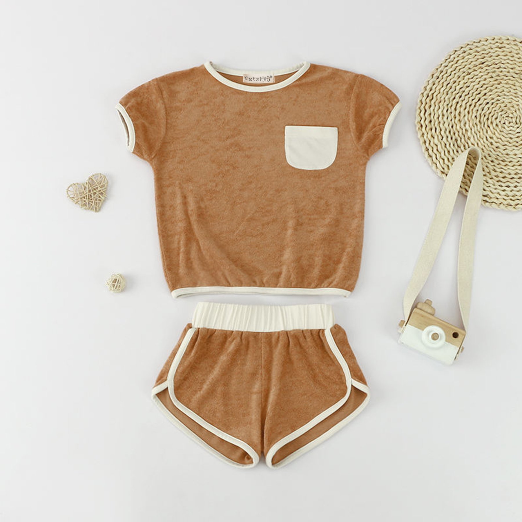 Customized wholesale Terry cloth with pocket and contrast color Short Sleeve 2 Pcs Outfits toddler clothing sets