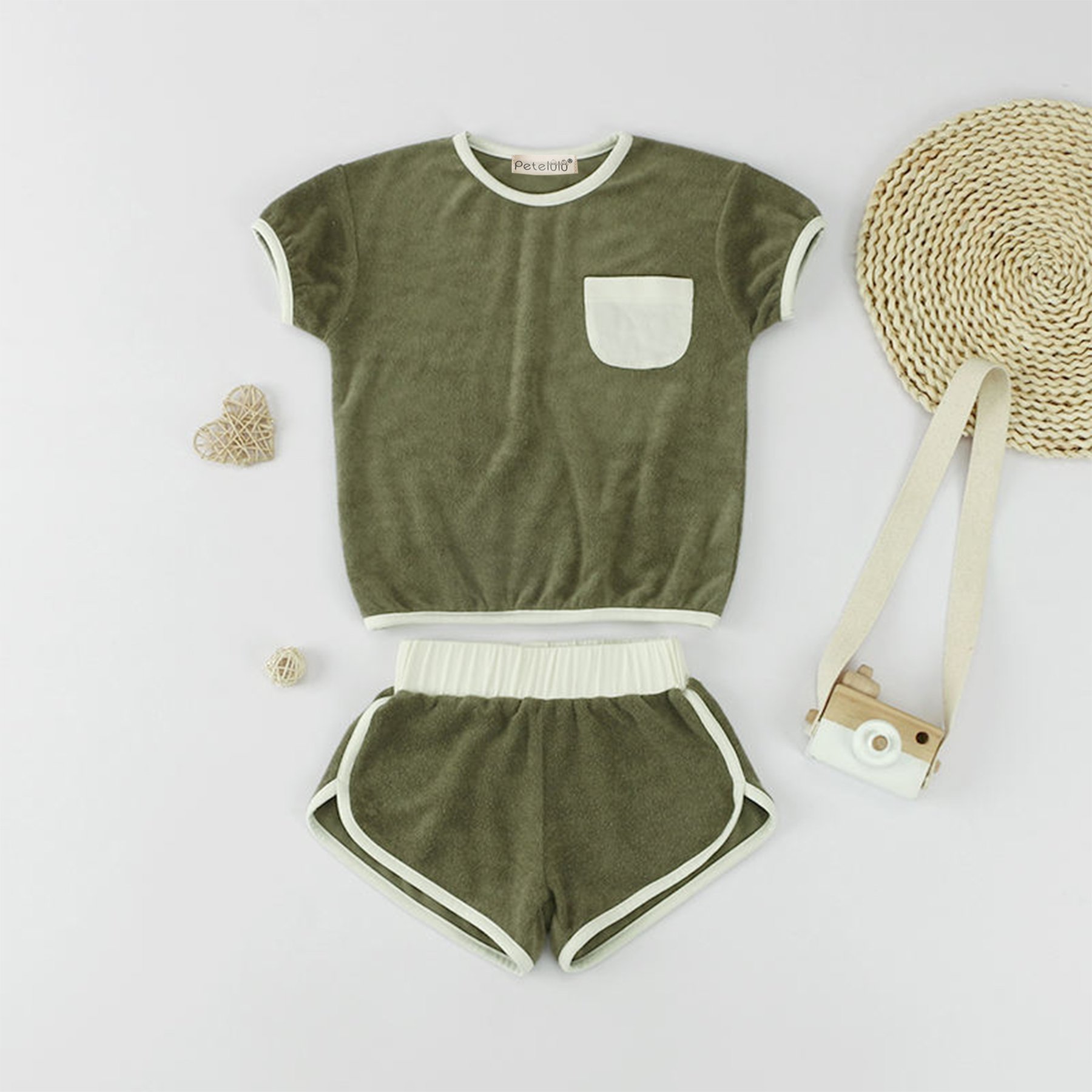 Customized wholesale Terry cloth with pocket and contrast color Short Sleeve 2 Pcs Outfits toddler clothing sets