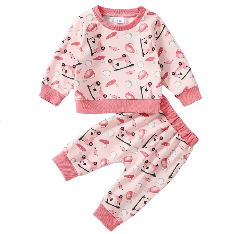 Baby's Cartoon Golf Cart Pattern Sweatshirt + Casual Pants, Toddler & Infant Girl's Clothing Set