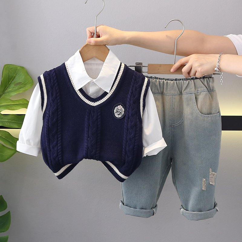 2024 New style toddler boy autumn preppy knit waistcoat solid color shirt and gradient made old denim pants British Style