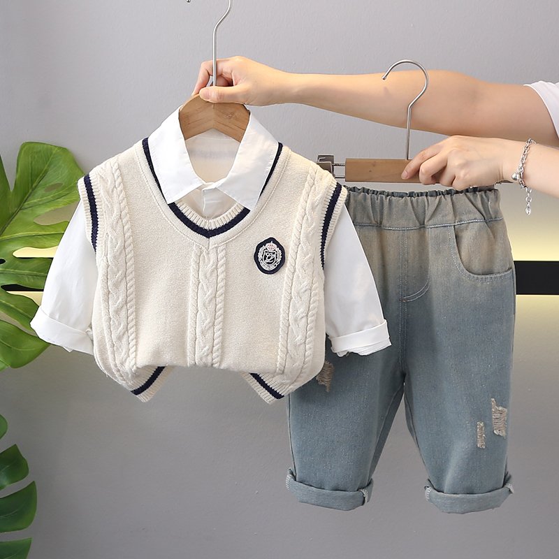 2024 New style toddler boy autumn preppy knit waistcoat solid color shirt and gradient made old denim pants British Style