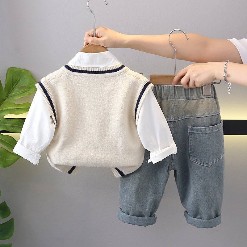2024 New style toddler boy autumn preppy knit waistcoat solid color shirt and gradient made old denim pants British Style