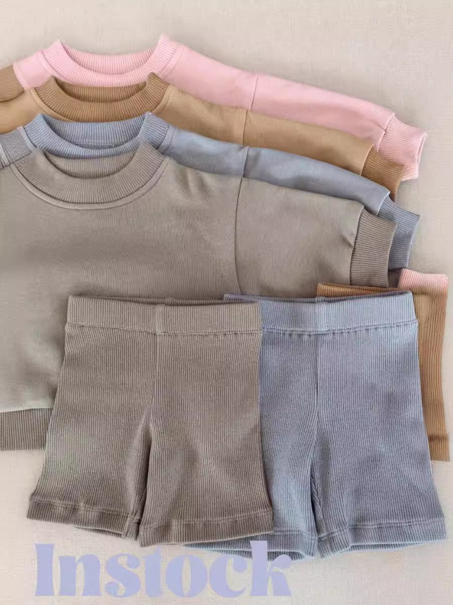 Baby Toddler 2-Piece Ribbed Sweatsuit Solid Color Set Sweatshirt Set Hoodie Riding Pants For Kids