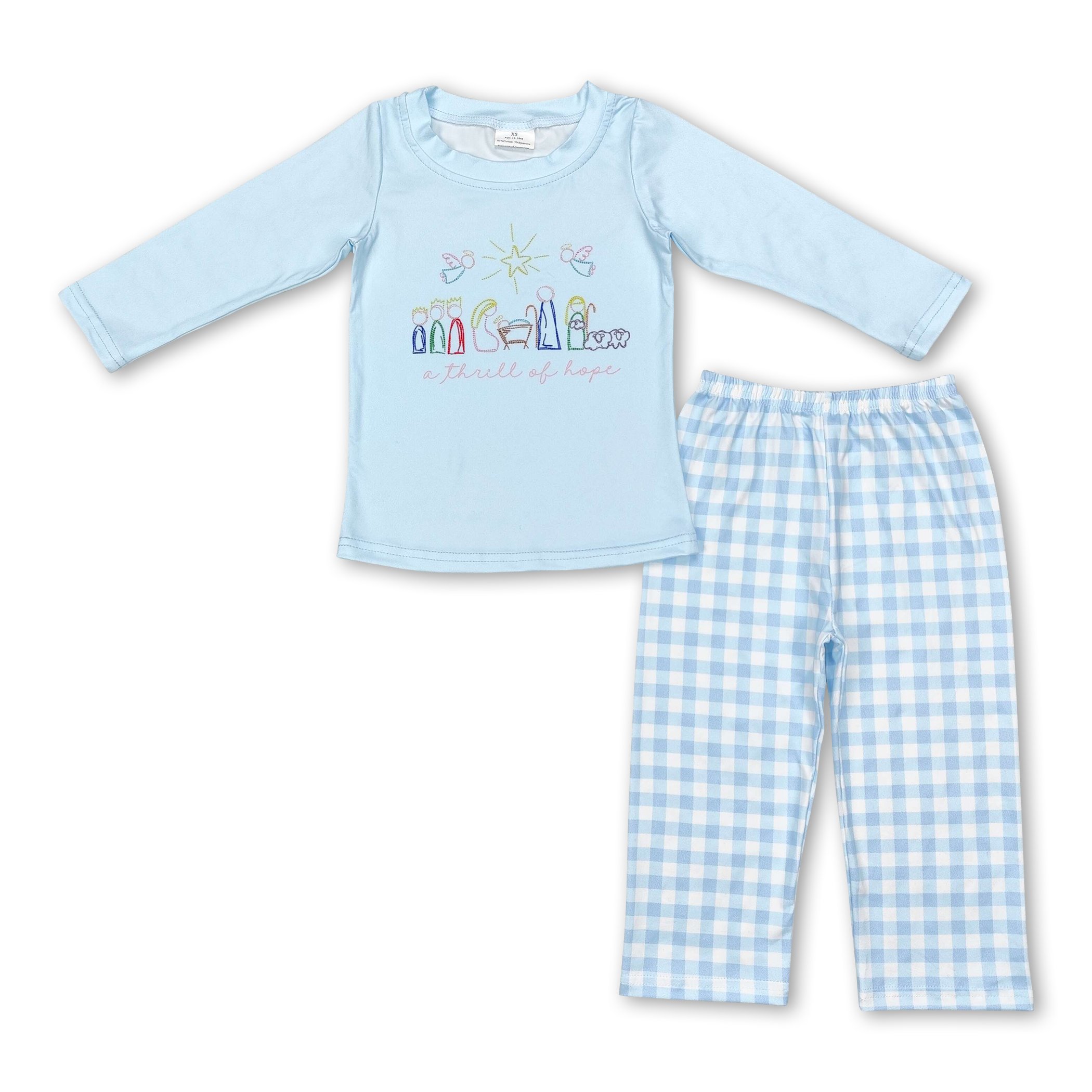 Light blue pajamas soft milk silk o-neck long-sleeved plaid leisure long pant cartoon pattern children boy clothing