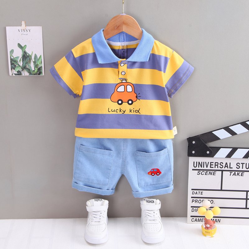 Hot Selling Summer 2pcs Kids Outfits Short Sleeve T-shirt and Shorts Plaid Casual Children Boy Clothes Set