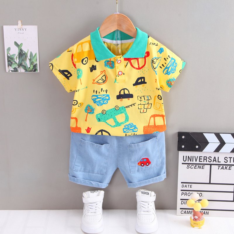 Hot Selling Summer 2pcs Kids Outfits Short Sleeve T-shirt and Shorts Plaid Casual Children Boy Clothes Set