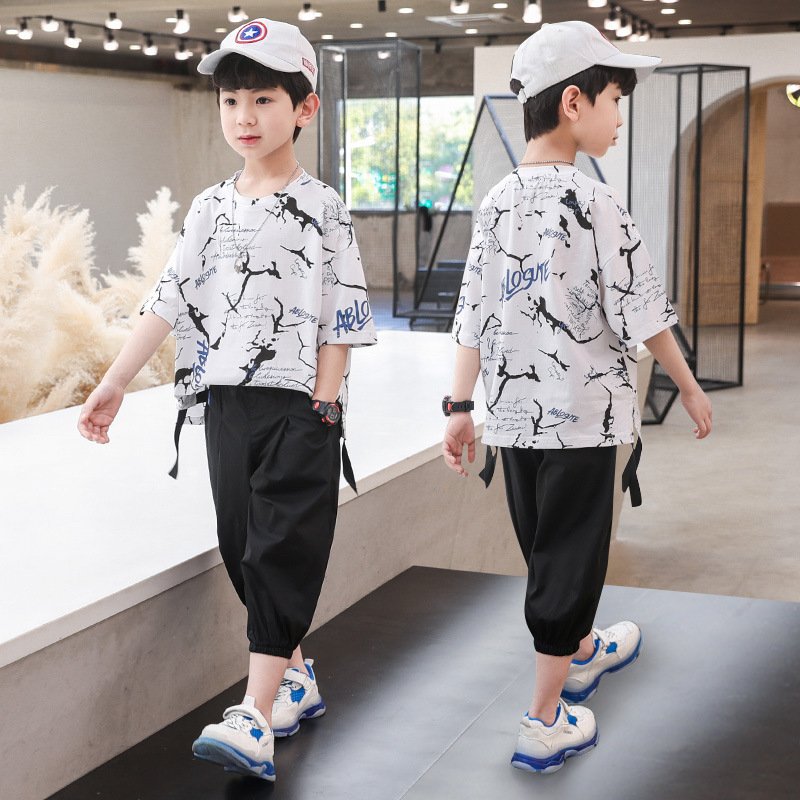 Korean New Style Summer Boy's Clothing Set Casual Cotton Fabric Short Sleeve Print Pattern Size 4-10 Years ODM Supply