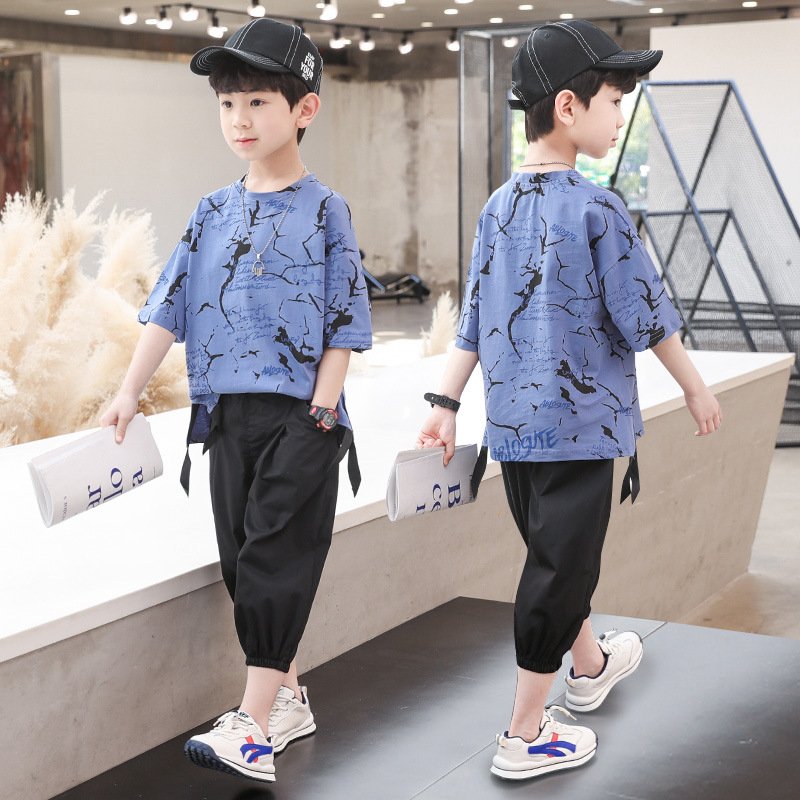 Korean New Style Summer Boy's Clothing Set Casual Cotton Fabric Short Sleeve Print Pattern Size 4-10 Years ODM Supply