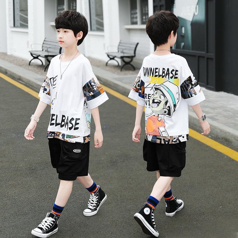 Korean New Style Summer Boy's Clothing Set Casual Cotton Fabric Short Sleeve Print Pattern Size 4-10 Years ODM Supply