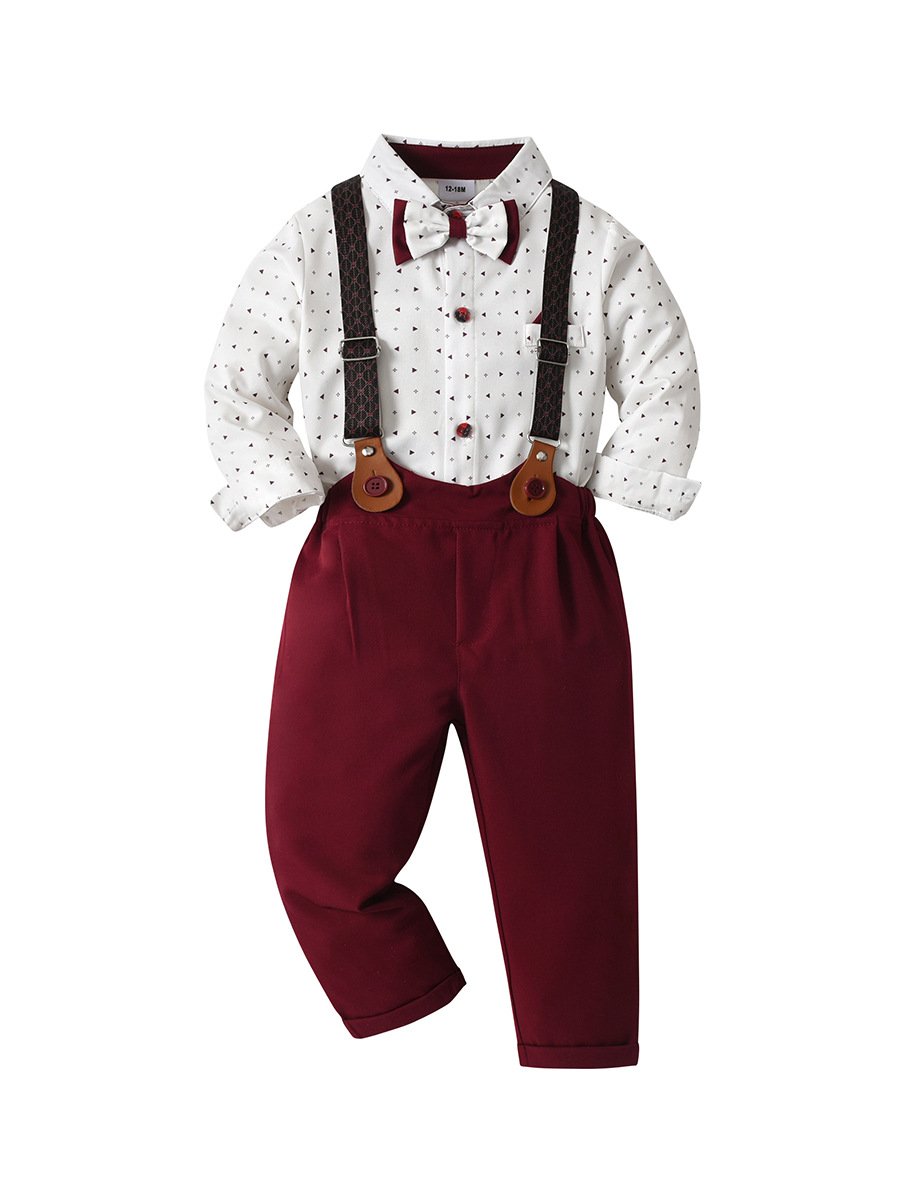 Hot Sale 1-6 Years Red Christmas Boys' Gentleman Outfit with Shirt Suspenders and Pants Formal Toddler Suit Boys Clothing Sets
