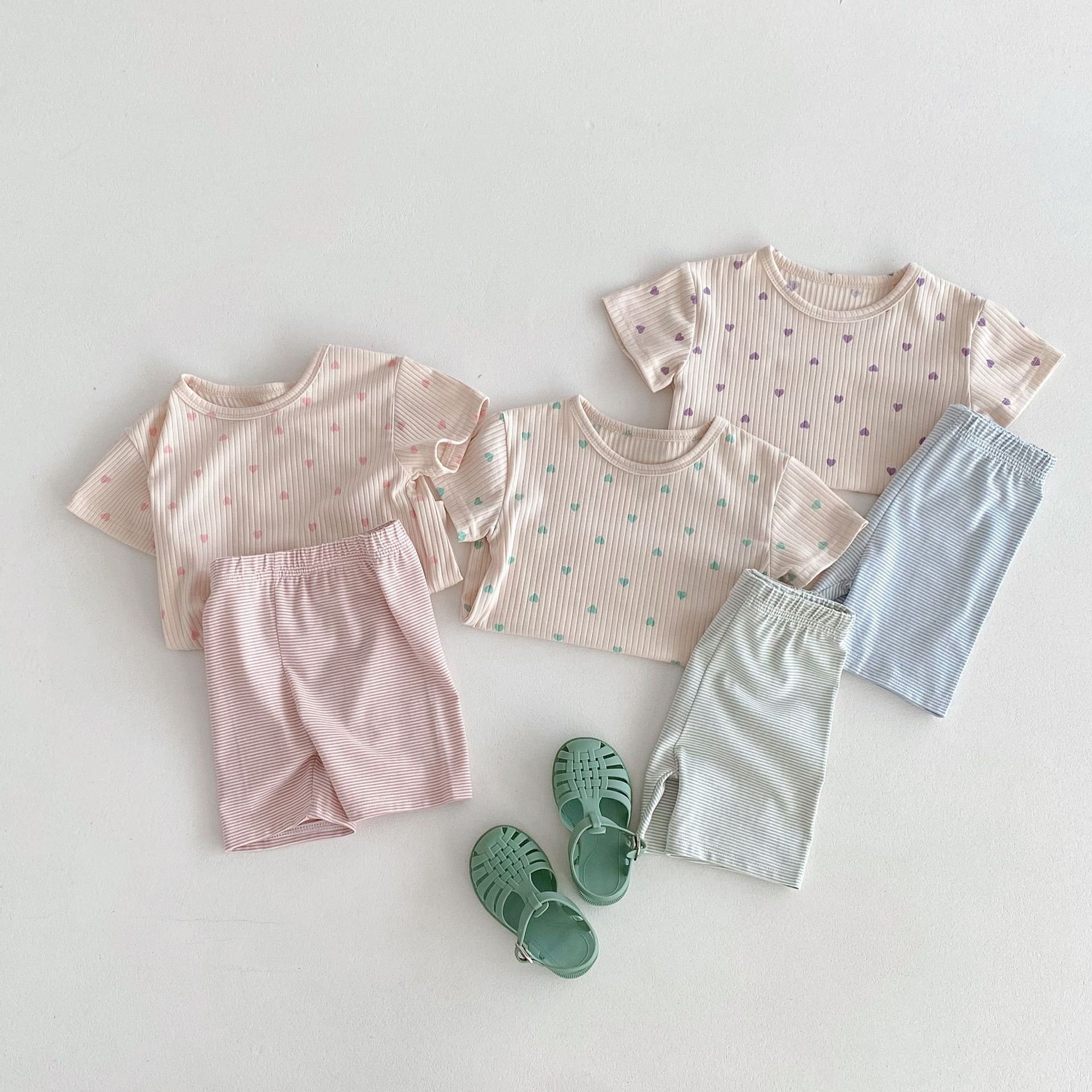Summer New Children's Home Wear Love T-shirt Striped Shorts Set Baby Girls Boys Ribbed Clothes Set