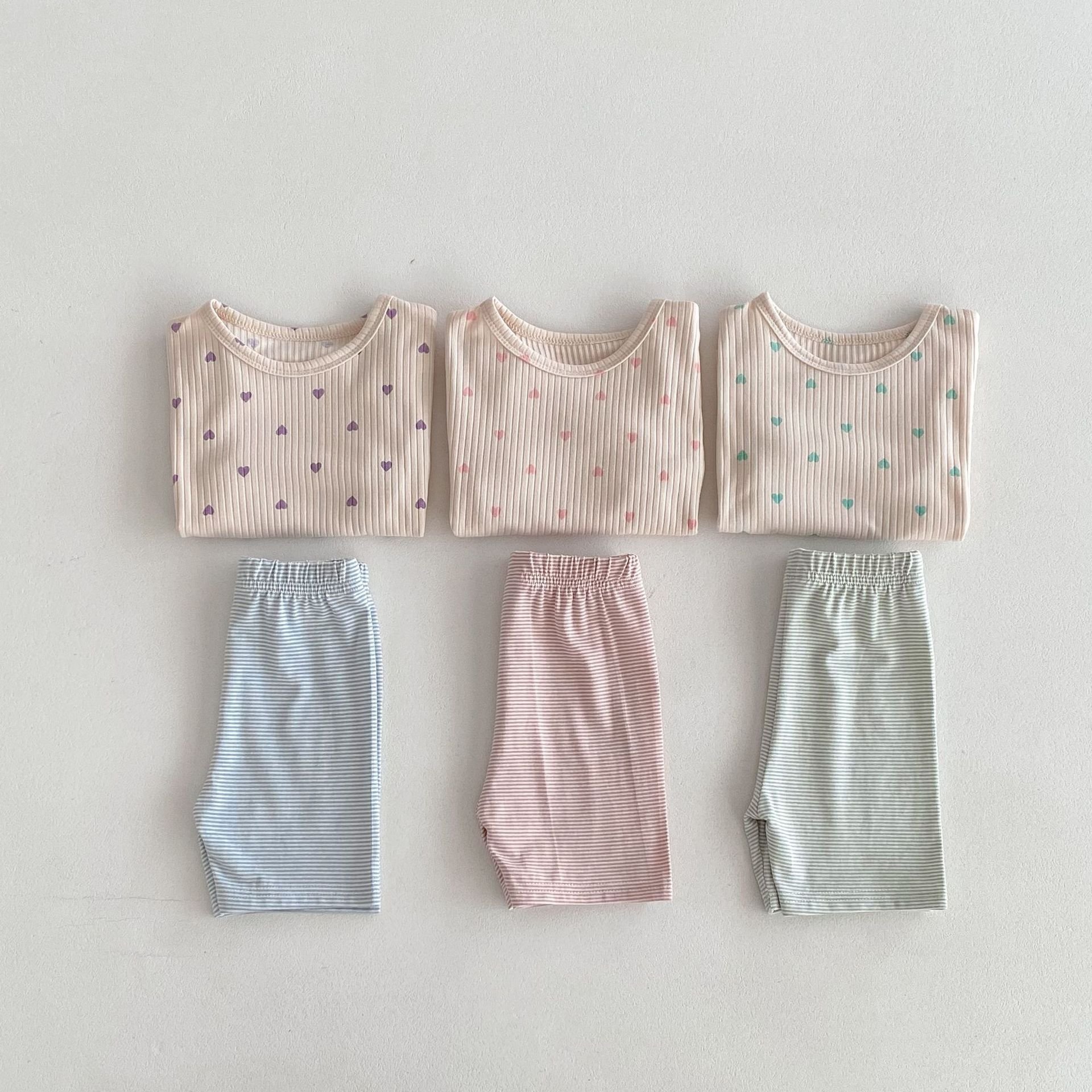 Summer New Children's Home Wear Love T-shirt Striped Shorts Set Baby Girls Boys Ribbed Clothes Set