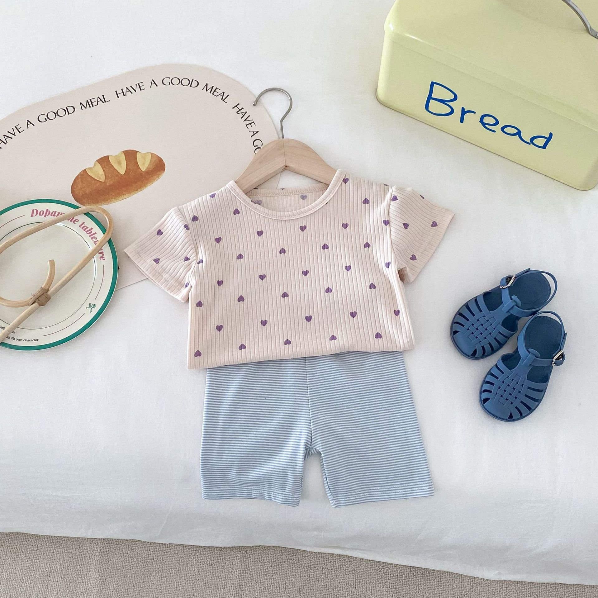 Summer New Children's Home Wear Love T-shirt Striped Shorts Set Baby Girls Boys Ribbed Clothes Set