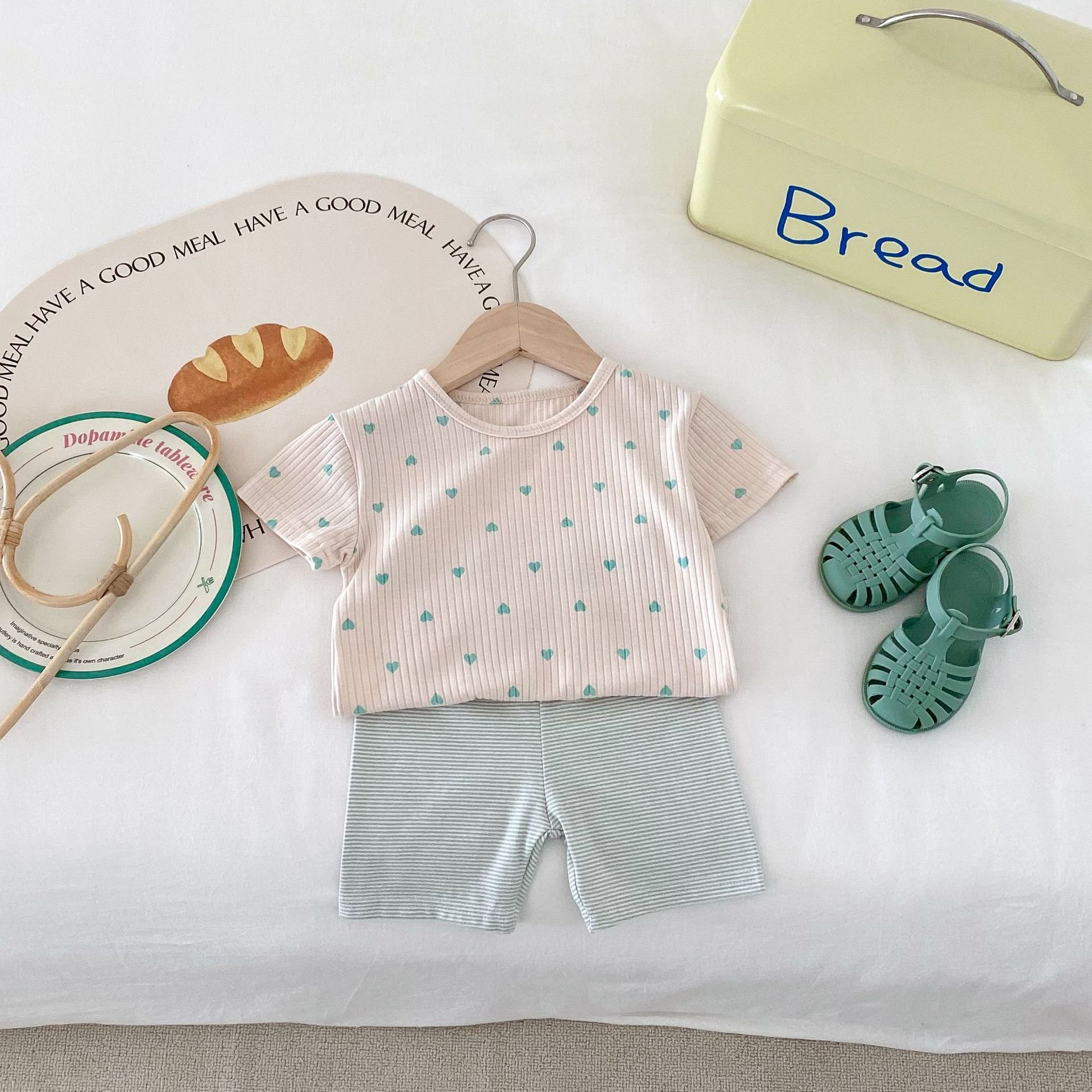 Summer New Children's Home Wear Love T-shirt Striped Shorts Set Baby Girls Boys Ribbed Clothes Set