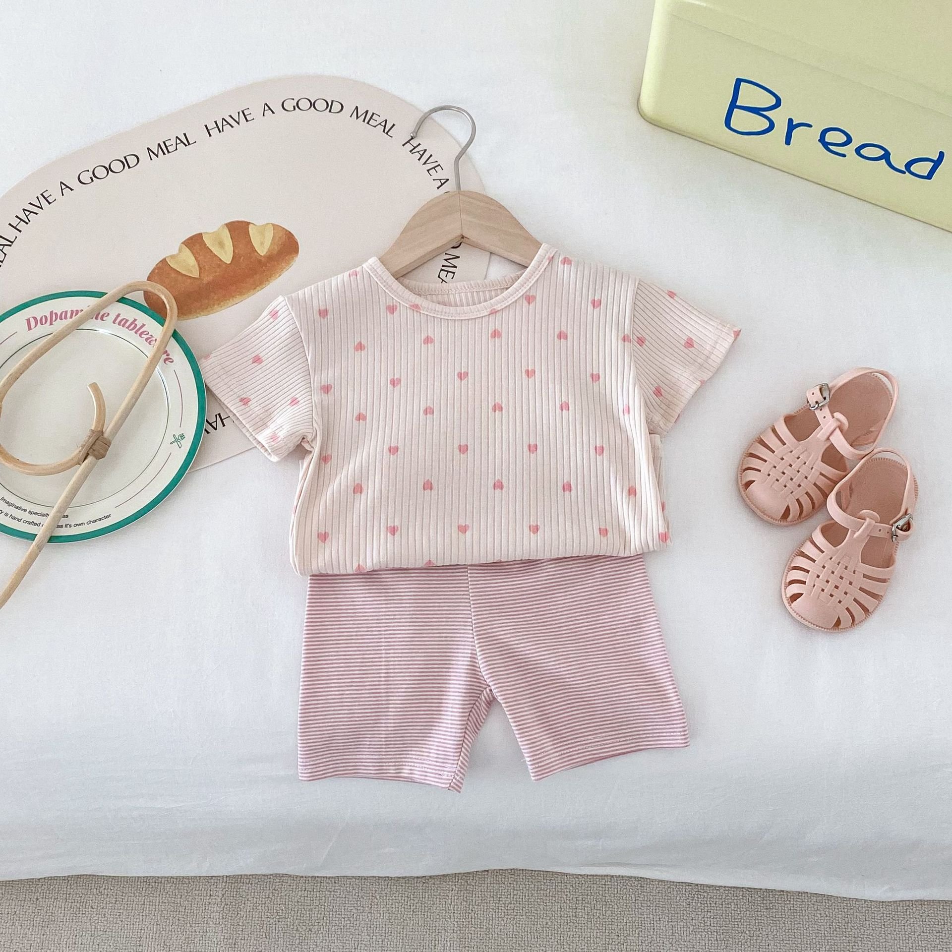 Summer New Children's Home Wear Love T-shirt Striped Shorts Set Baby Girls Boys Ribbed Clothes Set