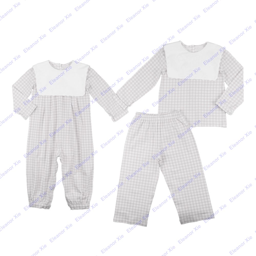 Custom label light blue check toddler boys clothing sets fall long sleeve bib square collar children baby boy pant set