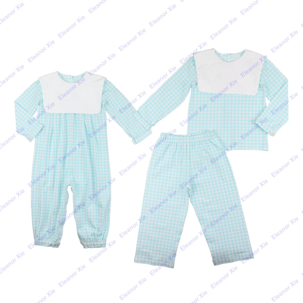 Custom label light blue check toddler boys clothing sets fall long sleeve bib square collar children baby boy pant set