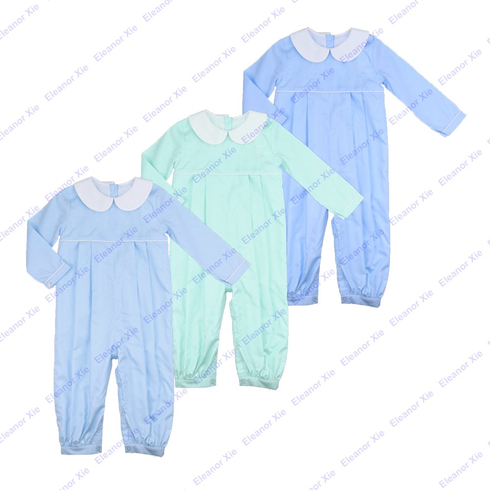 Custom label light blue check toddler boys clothing sets fall long sleeve bib square collar children baby boy pant set