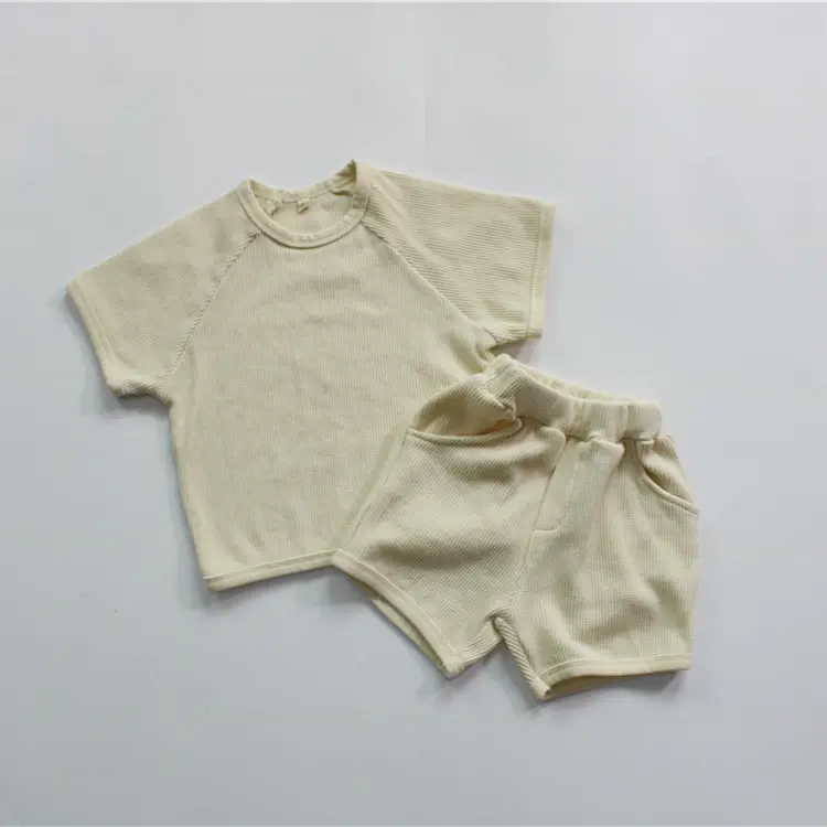 Casual Kids Ribbed Organic Cotton T-Shirt Shorts Outfit Set Short Sleeve Boys Girls Clothing Sets