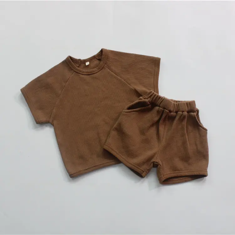 Casual Kids Ribbed Organic Cotton T-Shirt Shorts Outfit Set Short Sleeve Boys Girls Clothing Sets