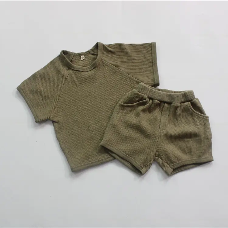 Casual Kids Ribbed Organic Cotton T-Shirt Shorts Outfit Set Short Sleeve Boys Girls Clothing Sets